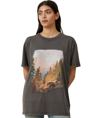 Cotton On Women's The Oversized Graphic T-shirt In Bear In Forest,graphite