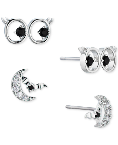 Ava Nadri Silver-tone 2-pc. Set Pave Owl Eyes & Moon Stud Earrings In Rhodium