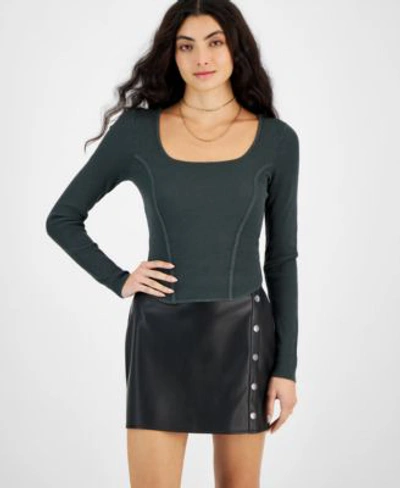 Bar Iii Womens Ribbed Sweater Faux Leather Skirt Created For Macys In Deep Black