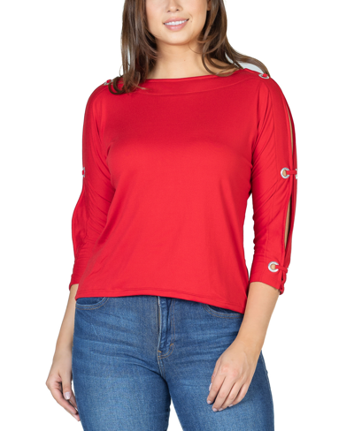 24seven Comfort Apparel Women's Three Quarter Cold Shoulder Grommet Top In Red
