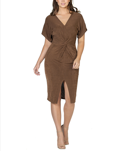 24seven Comfort Apparel Women's Short Sleeve V-neck Twist Front Dress In Brown