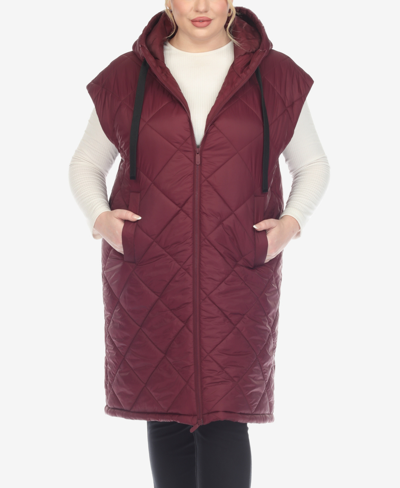 White Mark Plus Size Diamond Quilted Hooded Puffer Vest In Burgundy