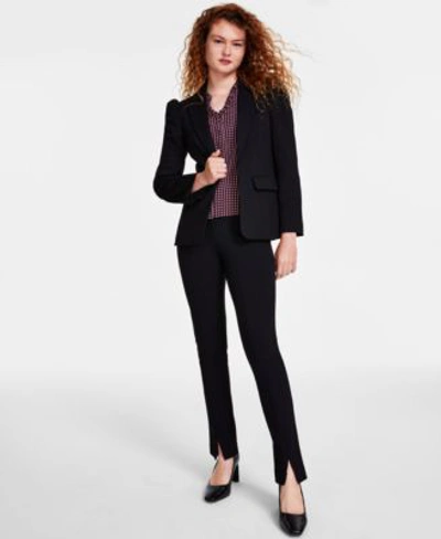 Cece Womens Puff Shoulder Open Front Long Sleeve Blazer Soft Texture V Neck Button Front Blouse Front Sli In Rich Black