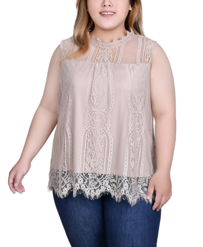 Ny Collection Plus Size Sleeveless Mock Neck Lace Top In Tan