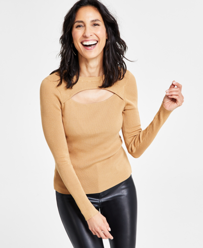 Inc International Concepts Ribbed Cutout Crewneck Sweater, Created For Macy's In Warm Toffee