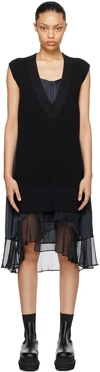 Sacai Ribbed Cotton-blend, Chiffon, Satin And Tulle Midi Dress In 001 Black