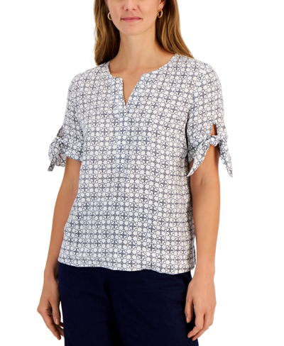 Charter Club Women's 100% Linen Geo-print Tie-sleeve Top, Created For Macy's In Bright White
