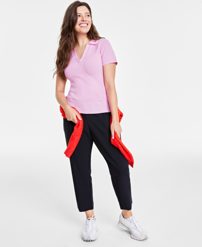 On 34th Women's Collared Short-sleeve Sweater, Created For Macy's In Bonbon