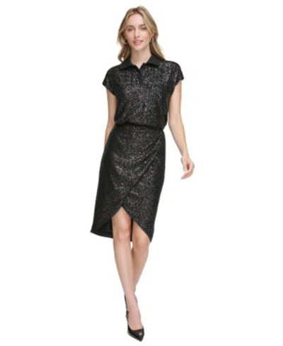 Calvin Klein Womens Sequin Short Sleeve Top Faux Wrap Midi Skirt In Black