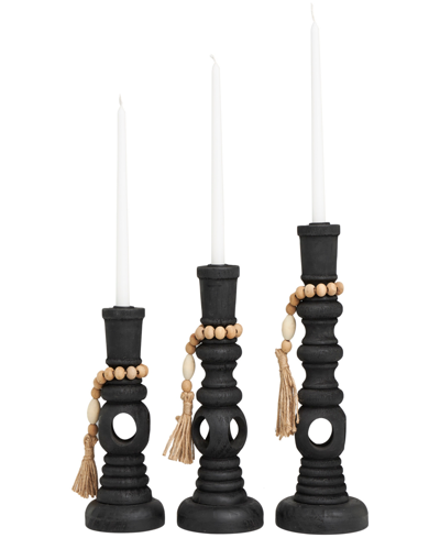 Rosemary Lane Wood Handmade Textured Matte Candle Holder With Beaded Garland Accent 14", 12" And 10" H, Set Of 3 In Black