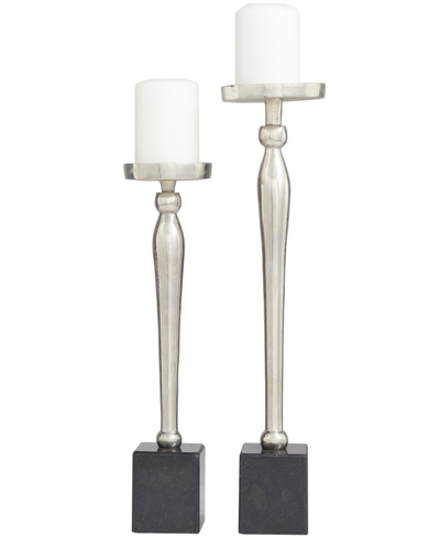 Rosemary Lane Aluminum Slim Candle Holder With Black Marble Base 17" And 14" H, Set Of 2 In Silver