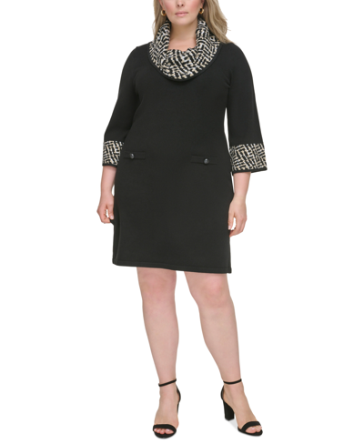 Jessica Howard Plus Size Contrast Cowlneck Sweater Dress In Black Taupe