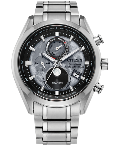 Citizen Men's Tsuki-yomi A-t Chronograph Sport Luxury Eco-drive Silver-tone Titanium Bracelet Watch 43mm In Gray/silver