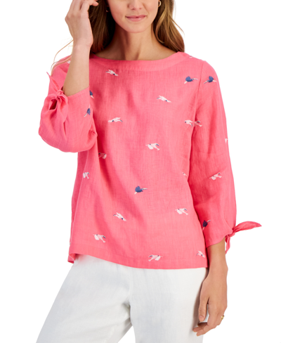 Charter Club Women's 100% Linen Flight Pattern Embroidered Blouse, Created For Macy's In Foxy Pink Combo