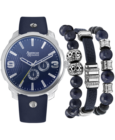 American Exchange Men's Navy Strap Watch 46mm Gift Set In Silver,navy