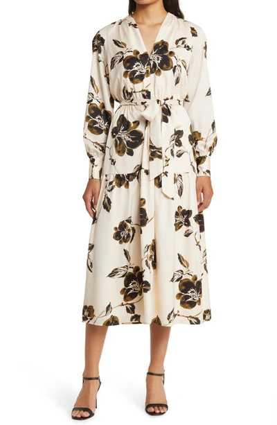 Anne Klein Floral Print Tiered Long Sleeve Midi Dress In Beige