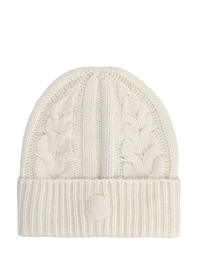 Moncler Logo Patch Cable Knit Beanie In White