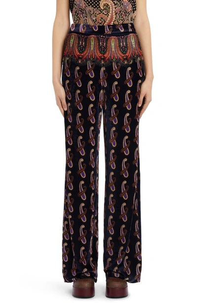 Etro Paisley Velvet Palazzo Trousers In Navy Blue