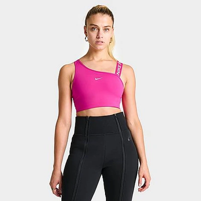 Nike Women's Pro Dri-fit Swoosh Asymmetrical Medium-support Sports Bra In Fireberry/ice Peach/ice Peach