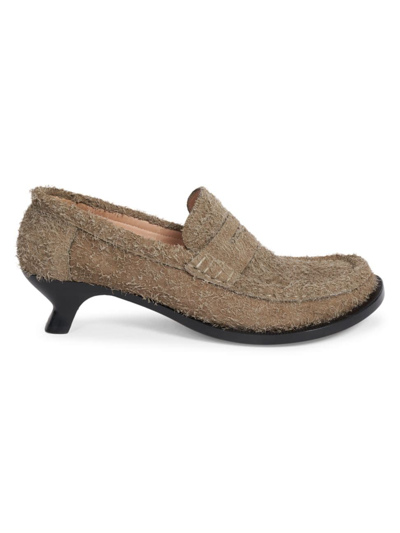 Loewe Terra Suede Kitten-heel Penny Loafers In Khaki Green