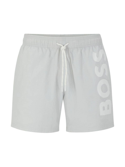 Hugo Boss Quick-dry Swim Shorts With Large Logo Print In Light Grey