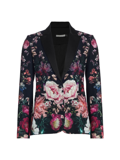 Alice And Olivia Breann Floral-print Fitted Satin Blazer In After Midnight