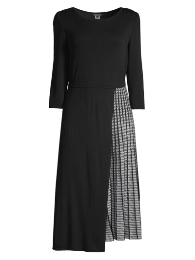 Misook Pleated Short-sleeve Knit Midi Dress In Black White