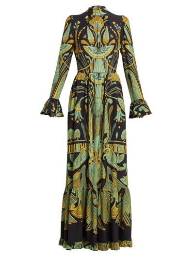 La Doublej Visconti Printed Flounce Maxi Dress In Green