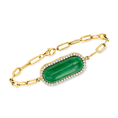 Ross-simons Jade And White Zircon Paper Clip Link Bracelet In 18kt Gold Over Sterling In Green