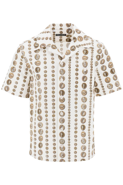 Dolce & Gabbana Coin Print Stretch Drill Hawaiian Shirt In White