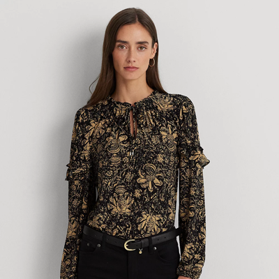 Ralph Lauren Floral Ruffle-trim Jersey Tie-neck Top In Black/tan
