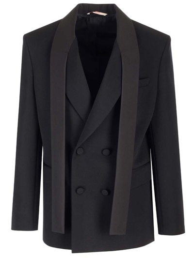 Valentino Double-breasted Wool Jacket With Silk Faille Scarf Collar In Black