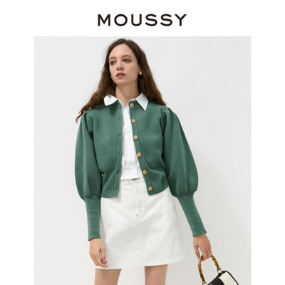 Moussy 秋季泡泡袖螺纹单排扣短款针织开衫010eaw70-6540 In Green