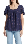 Caslon Square Neck Cotton Blouse In Navy Peacoat- Rust Ditsy Geo