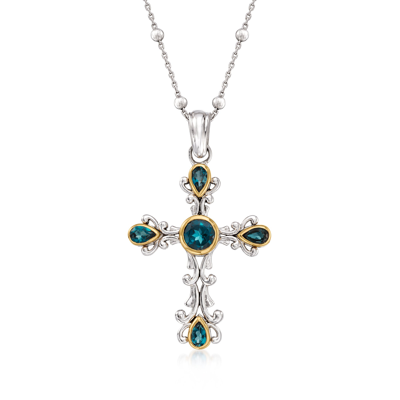 Ross-simons London Blue Topaz Cross Pendant Necklace In Sterling Silver And 14kt Yellow Gold
