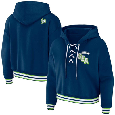 Wear By Erin Andrews Navy Seattle Seahawks Lace-up Pullover Hoodie