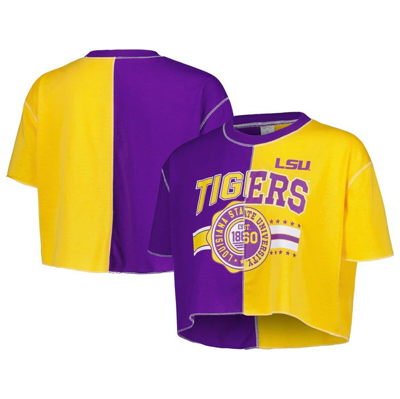 Zoozatz Women's  Purple, Gold Lsu Tigers Colorblock Cropped T-shirt In Purple,gold