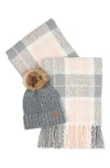 Barbour Saltburn Tartan Scarf & Beanie Knitted Set In Grey Rose