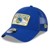 New Era Royal Golden State Warriors Plate Oversized Patch Trucker 9forty Adjustable Hat In Royal