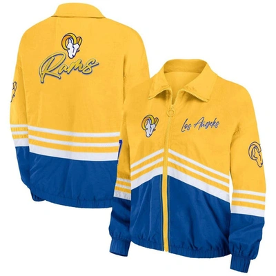 Wear By Erin Andrews Women's  Gold Distressed Los Angeles Rams Vintage-like Throwback Windbreaker Ful