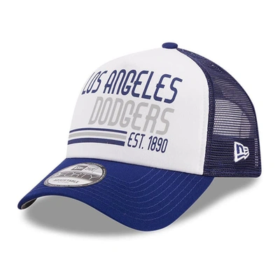 NEW ERA NEW ERA WHITE/ROYAL LOS ANGELES DODGERS STACKED A-FRAME TRUCKER 9FORTY ADJUSTABLE HAT