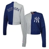 TEREZ TEREZ GRAY/NAVY NEW YORK YANKEES CROPPED BUTTON-UP CARDIGAN