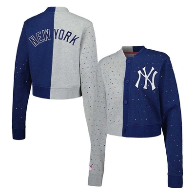 Terez Women's  Grey, Navy New York Yankees Cropped Button-up Cardigan In Grey,navy