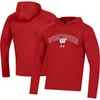 UNDER ARMOUR UNDER ARMOUR RED WISCONSIN BADGERS 2023 SIDELINE TECH HOODED RAGLAN LONG SLEEVE T-SHIRT