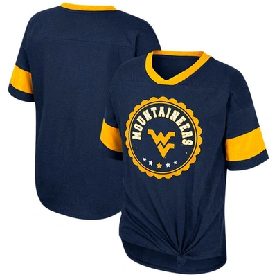 COLOSSEUM GIRLS YOUTH COLOSSEUM NAVY WEST VIRGINIA MOUNTAINEERS TOMIKA TIE-FRONT V-NECK T-SHIRT