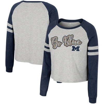 Colosseum Women's  Heather Gray Michigan Wolverines I'm Gliding Here Raglan Long Sleeve Cropped T-shi