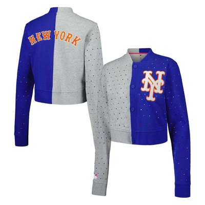 Terez Women's  Grey, Royal New York Mets Cropped Button-up Cardigan In Grey,royal
