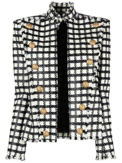 Balmain Button-embellished Checked Metallic Wool-blend Tweed Jacket In Black  