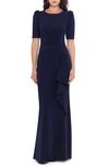 Xscape Side Ruched Ruffle Details Scuba Crepe Gown In Midnight