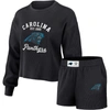 WEAR BY ERIN ANDREWS WEAR BY ERIN ANDREWS BLACK CAROLINA PANTHERS WAFFLE KNIT LONG SLEEVE T-SHIRT & SHORTS LOUNGE SET